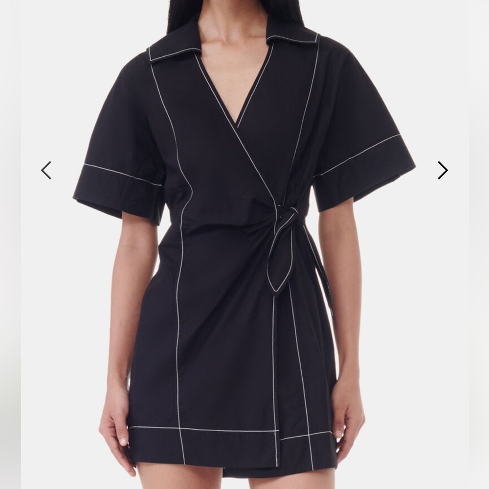 Ganni BLACK COTTON POPLIN WRAP MINI DRESS